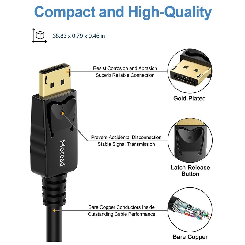 Moread 4K DisplayPort to DisplayPort Cable, 3 Feet, Gold-Plated High Speed Display Port DP Cable 1.2 (4K@60Hz, 2K@144Hz) for Computer, Desktop, Laptop, PC, Monitor, Projector & More - Black - Image 3